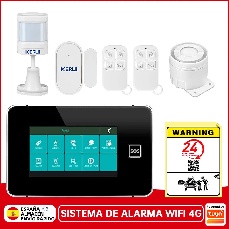 Desde España Entrega Kerui Sistema de Alarma 4G WiFi para Hogar Pantalla Táctil de 4.3 pulgadas Funciona con Tuya 433MHz Alarma de Burglar Seguridad