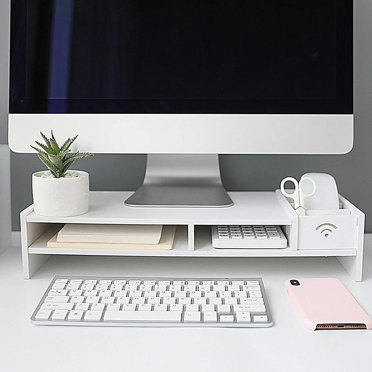 Organizador de secretária de três níveis e suporte para monitor