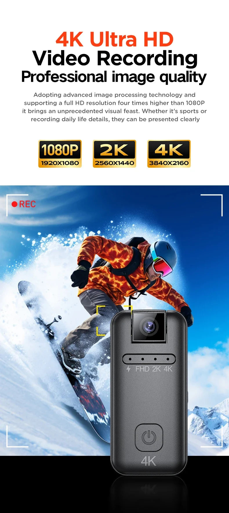 Câmara Micro Full HD 4K Equipamento de Gravação Portátil para Motocicletas, Bicicletas, Registos de Polícia/Aplicação na Lei, Extrema