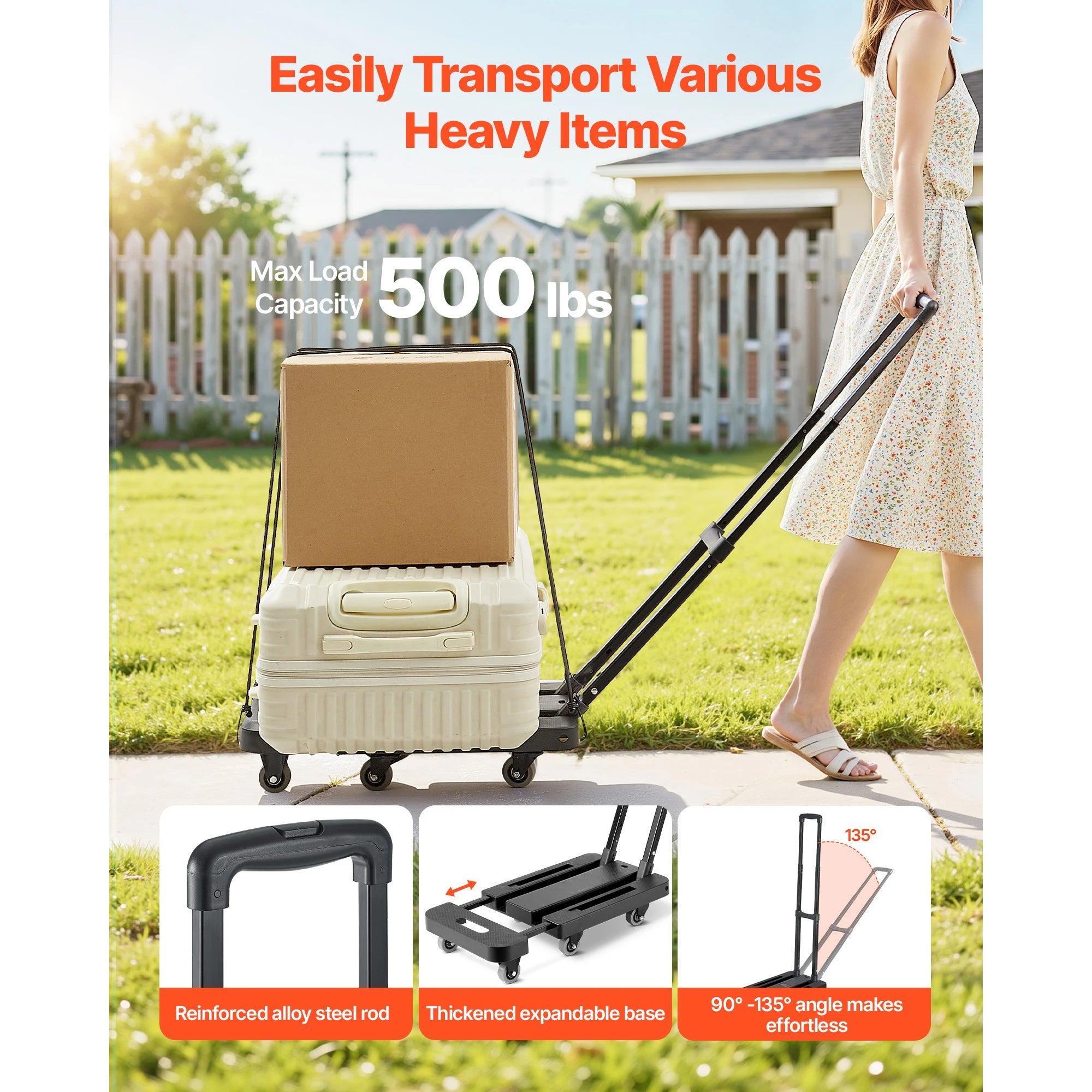 Diable pliant 500LB avec base extensible et 6 roues