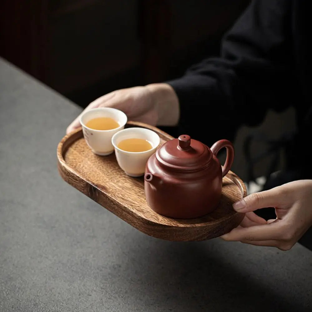 Walnut Round and Leaf Tea Tray, Retro Wooden Serving Platter