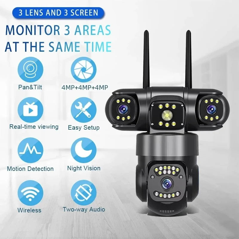 12MP 6K HD Outdoor Surveillance Camera Triple Lens WiFi Waterproof Night Vision