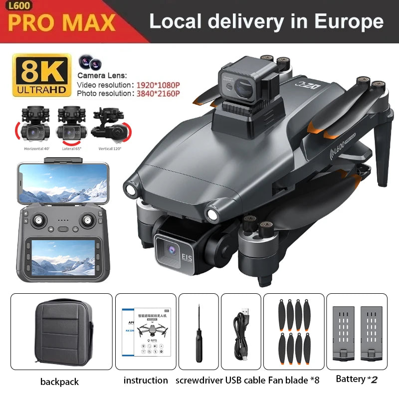 L600 PRO MAX GPS Drone Professional 8K Camera 3-axis Gimbal Aerial 5G WIFI FPV Brushless Motor 360 ° Laser Obstacle Avoidance Optical Flow Hover with Large Screen Remote Control Aircraft Folding Quadcopter Drones Kids Toys G
