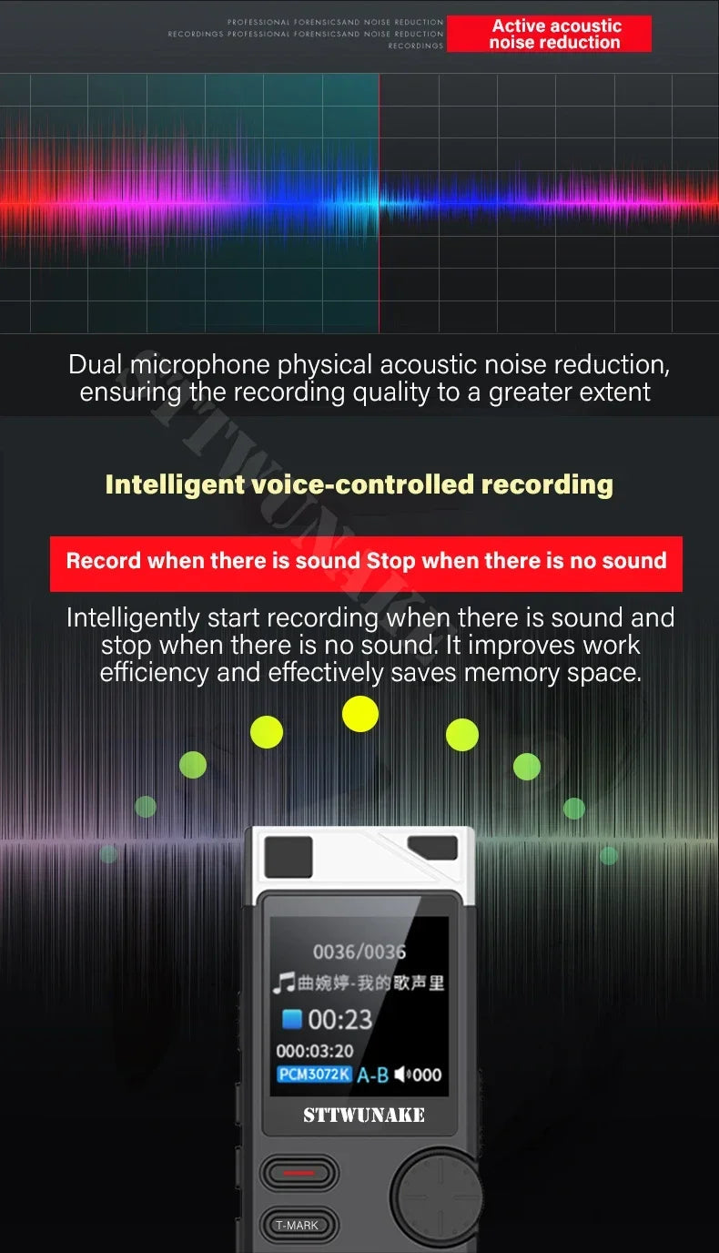 Voice Activation Recorder Dual-Core Ai Noise-Reducing Digital Recording Device STTWUNAKE