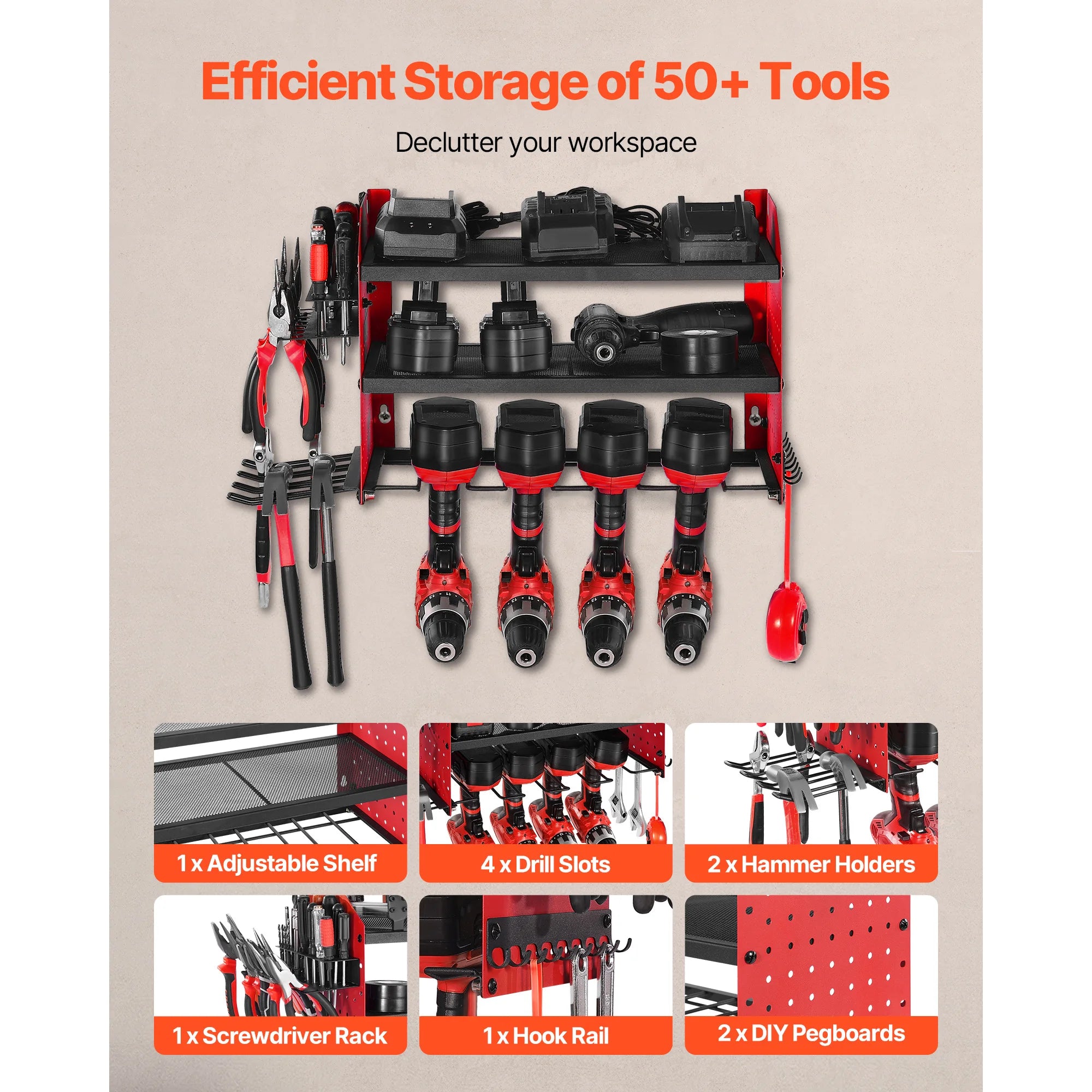 3-Tier Power Tool Organizer Wall Mount Rack with Drill Storage
