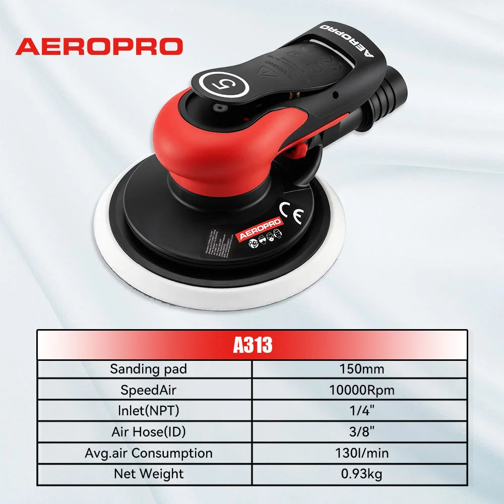 AEROPRO A313 Professioneller Pneumatik-Random-Orbital-Schleifer 6 Zoll Doppelaktion-Luftschleifer mit zentraler oder Selbstabsaugfunktion