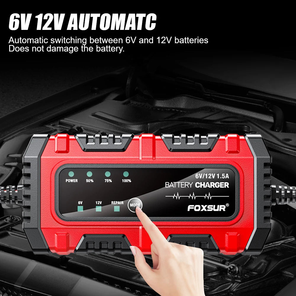 6 V / 12 V automatisk batterioplader, 1.5 A