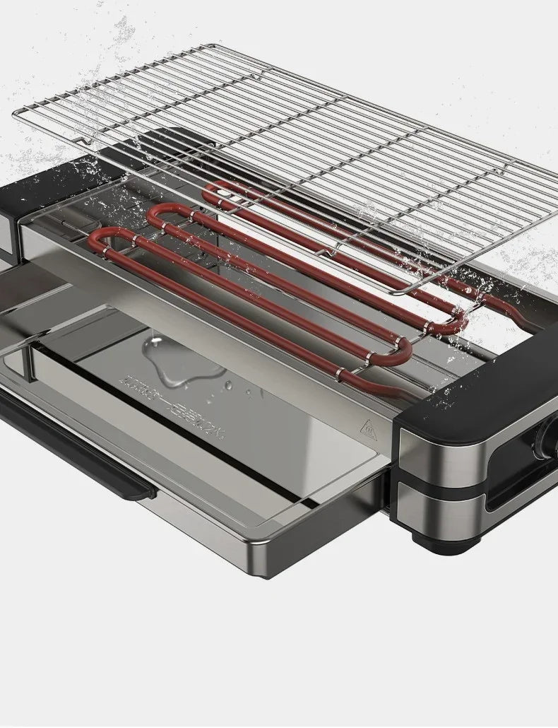 Stylish AMERZIS stainless steel electric grill for indoor and outdoor use, 110-130V American plug with temperature control and removable surface brush, ideal for cooking steaks and vegetables