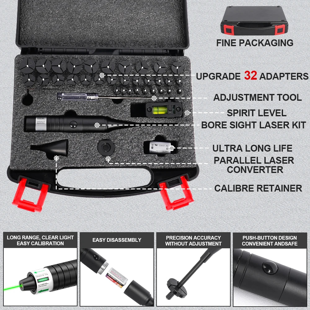Universal Laser Boresighter Kit with Green Laser, 32 Adapters, Anti-Cant Level & Parallel Calibration
