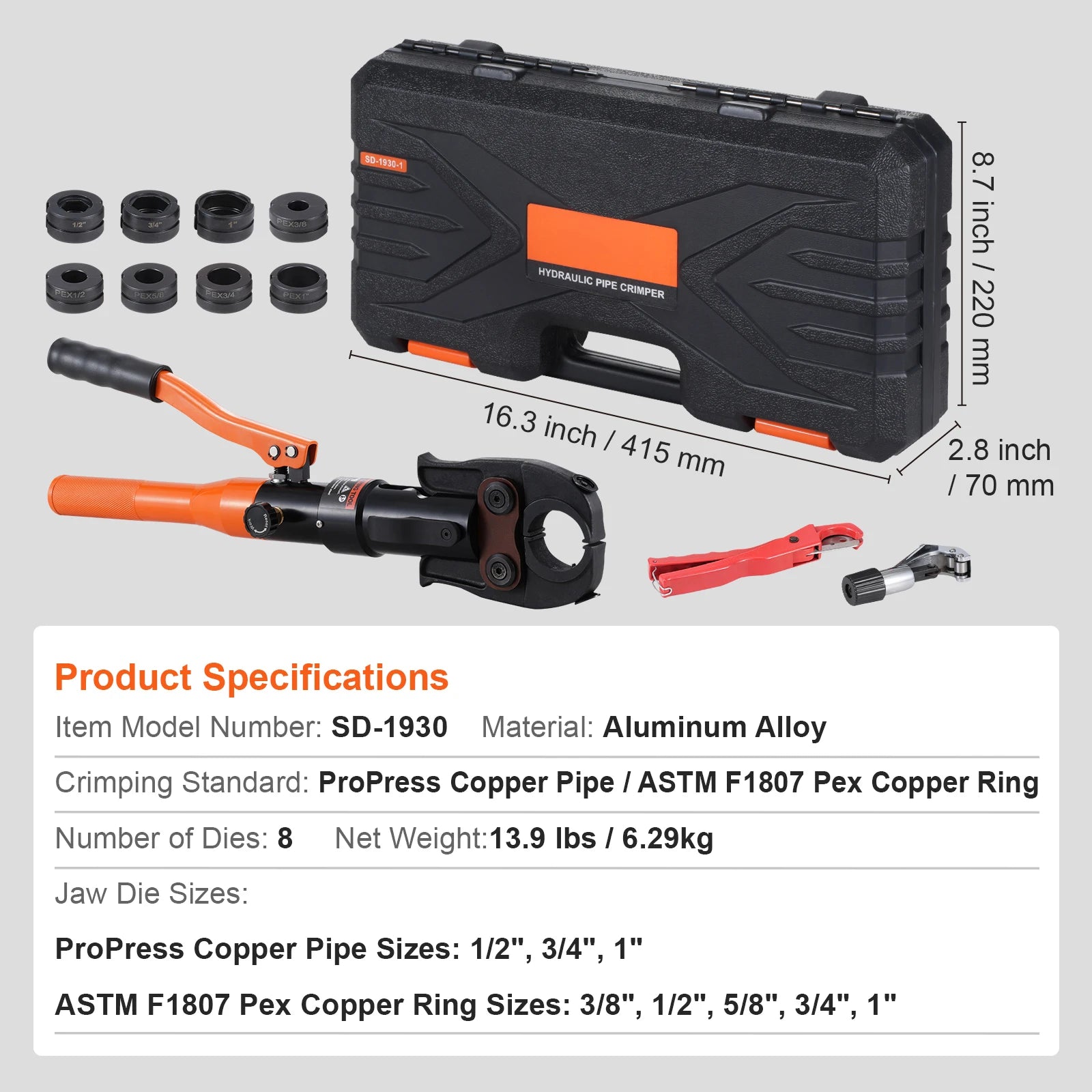 Hydraulic Copper Pipe Crimping Tool with 8 Dies for PEX Rings