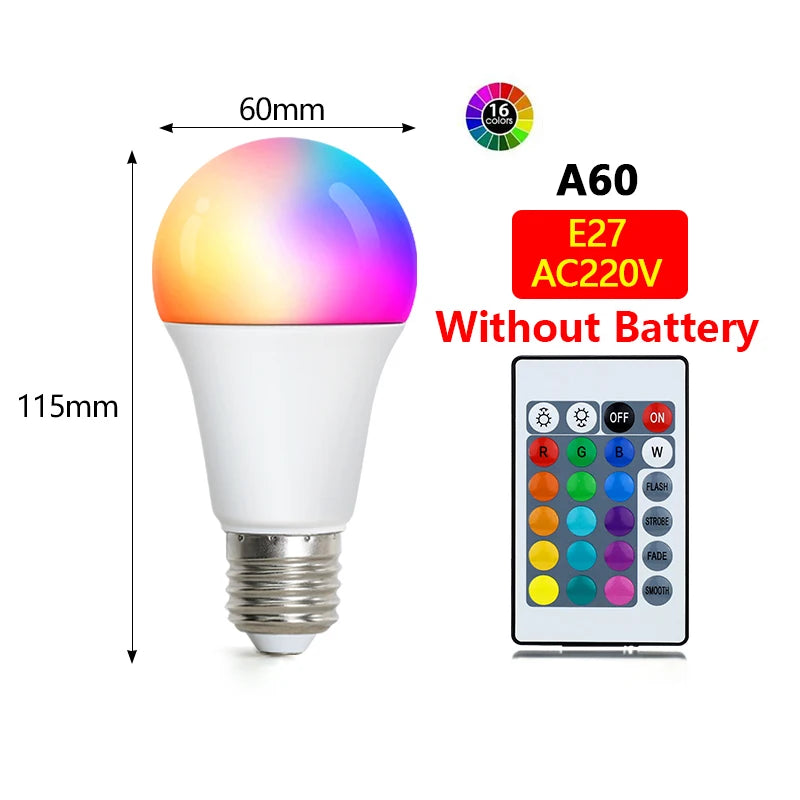 16 Colors RGB Bulb LED Multicolor Bulb E27 Base 220V Household Lighting Dimmable 24 Key Remote Control Atmosphere Neon Light