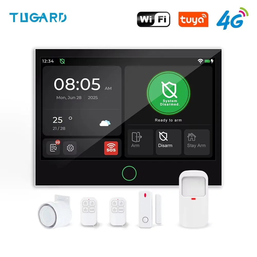 Tugard Bežični kućni sigurnosni alarm sustav 4G, WiFi GSM, 7-inčni IPS zaslon u boji, Tuya Smart App daljinsko upravljanje, kućni anti-kradni sigurnosni sustav