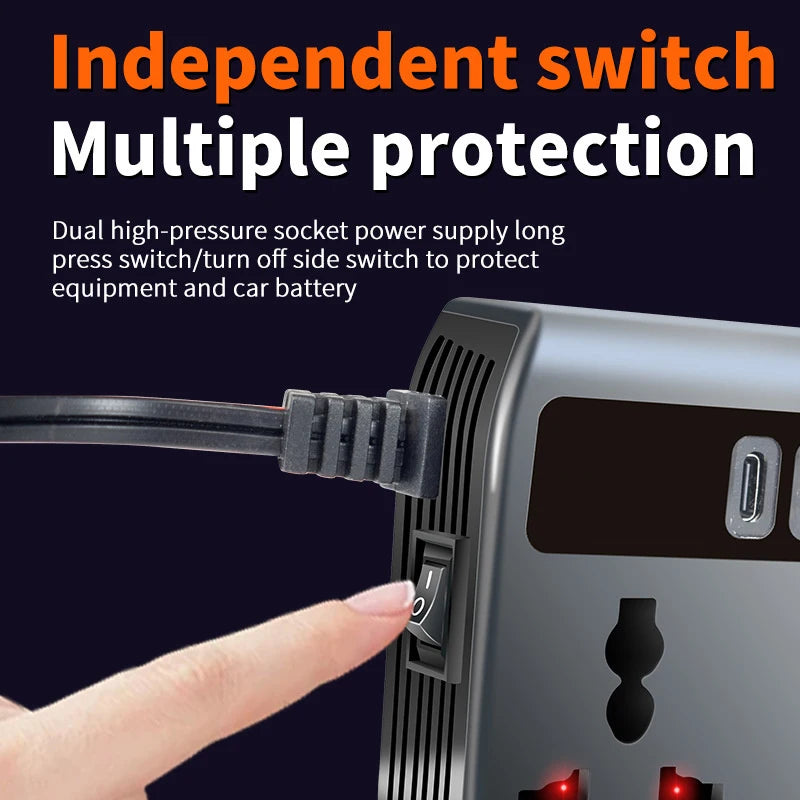 DC 12V/24V to AC 220V 200W Car Inverter PD+QC3.0 Dual Type C+4 USB Ports Phone Charger Cigarette Lighter Power Adapter 9 In 1