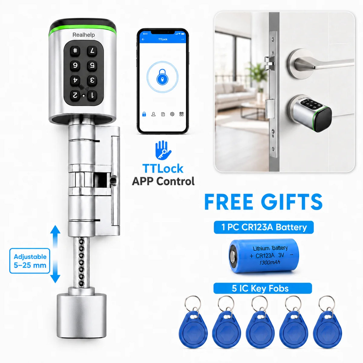 Smart Lock Cylinder with Keypad, App, IC Card and Key