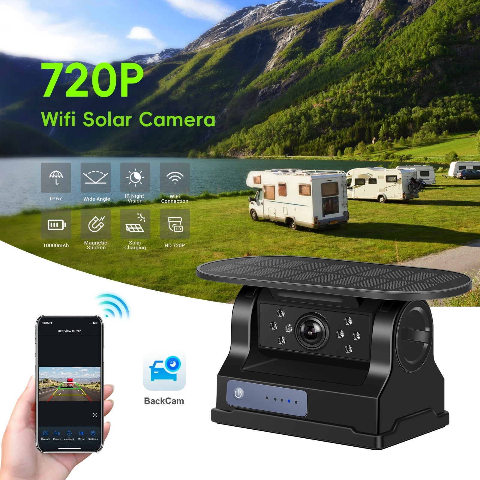 Leekooluu WiFi HD Car Camera Wireless Solar Panel 720P Infrared Night Vision Magnetic Camera IP67 Waterproof Front Rear View DVR