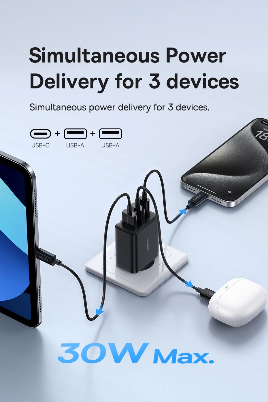 Baseus 30W Gyors Töltő 3-Portos USB-C PD és QC3.0 Fali Adapter