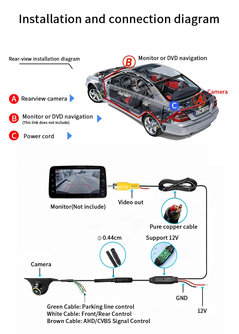 170° HD Car Rear View Camera with Night Vision and Guiding Line