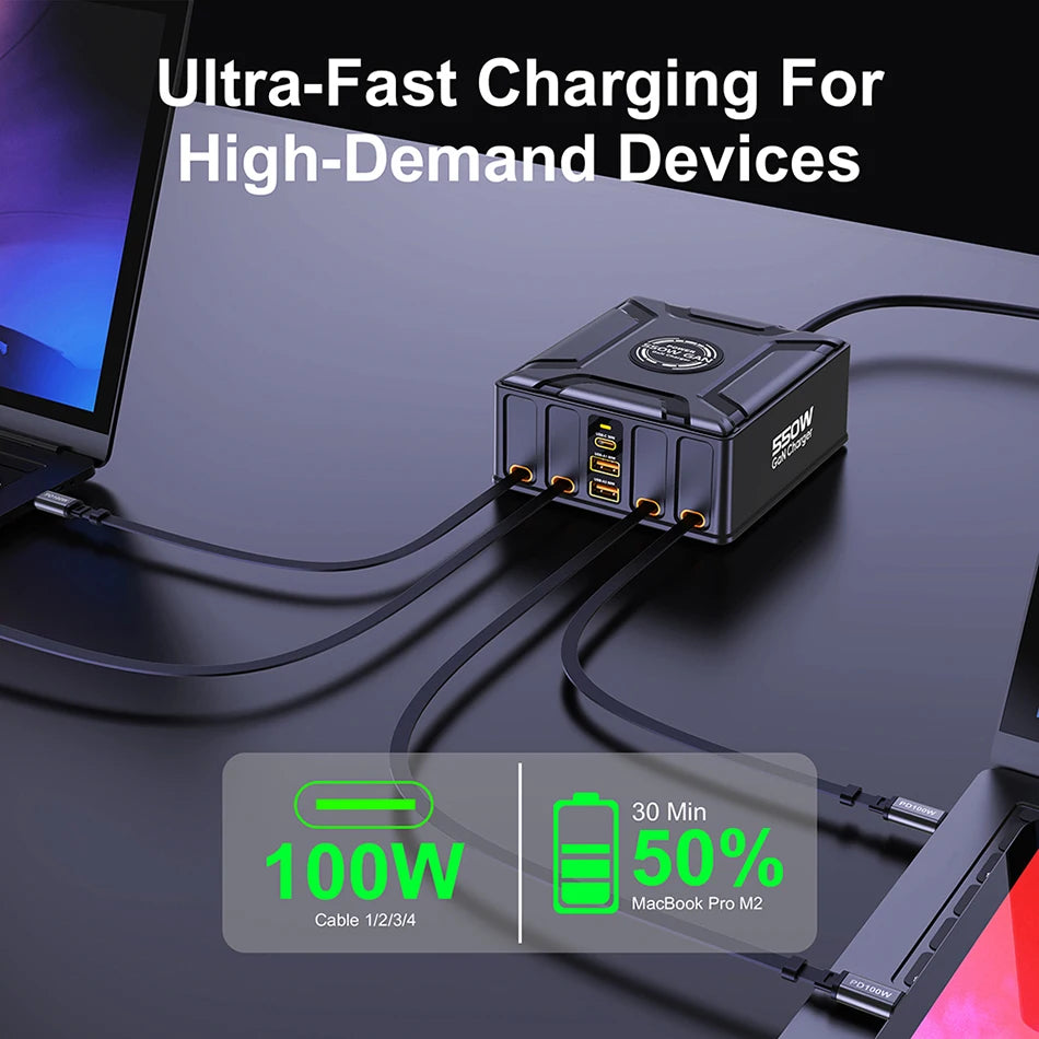 Nabíjacia stanica 7 v 1 s výkonom 550 W a 100W vysúvateľnými USB-C káblami