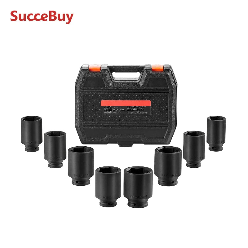 SucceBuy Axle Nut Impact Socket Set Drive Deep 6-Point 8-Piece SAE Spindle Nut Socket Set CR-MO Heat Treated Large Socket Set