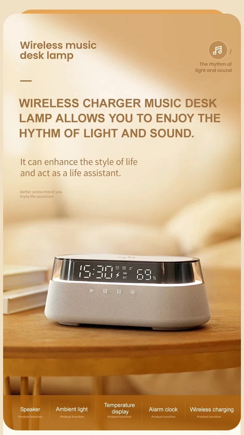 6-in-1 Smart Alarm Clock - 15W Wireless Charger, Bluetooth Speaker, FM Radio, Dual Alarm, USB Charger & RGB Night Light