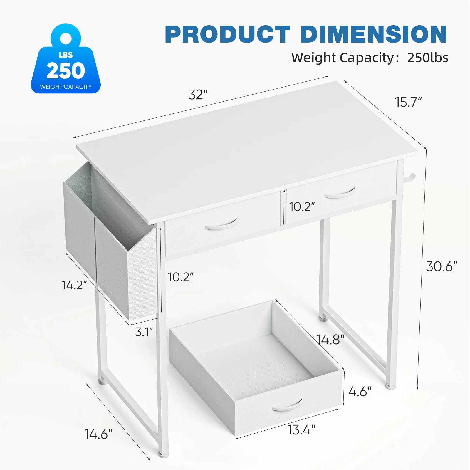 32-Inch Modern Office Desk with Fabric Drawers and Side Storage Bag