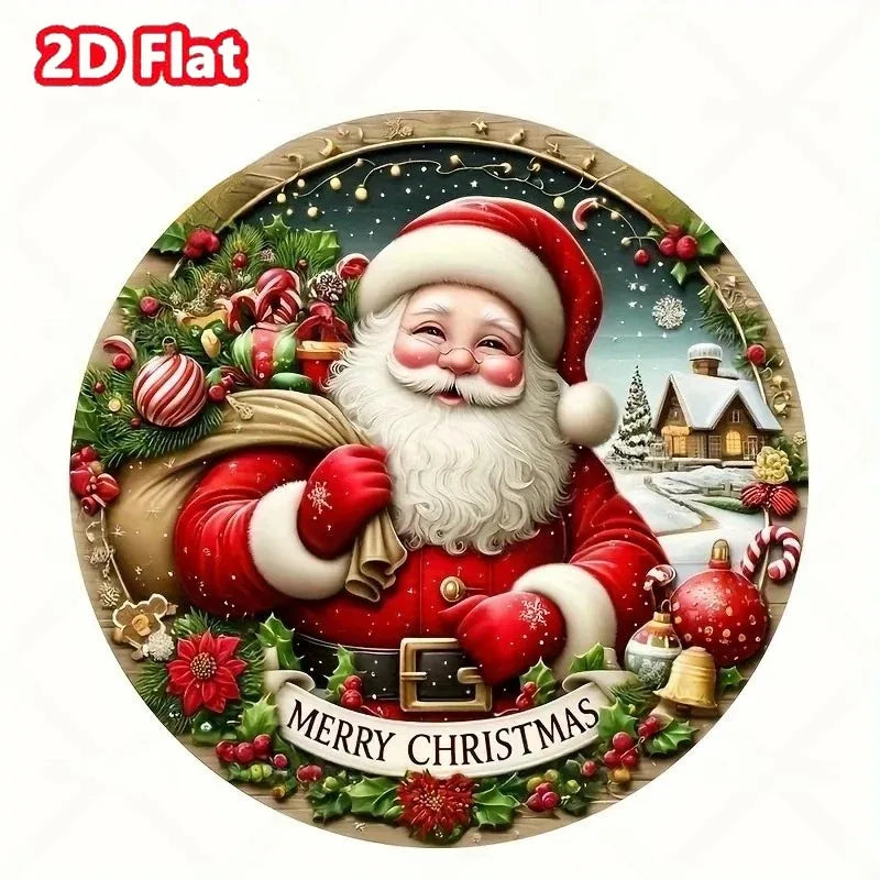 Merry Christmas Winter Snowman Metal Sign - Round Hanging Decoration for Front Door and Home Wall