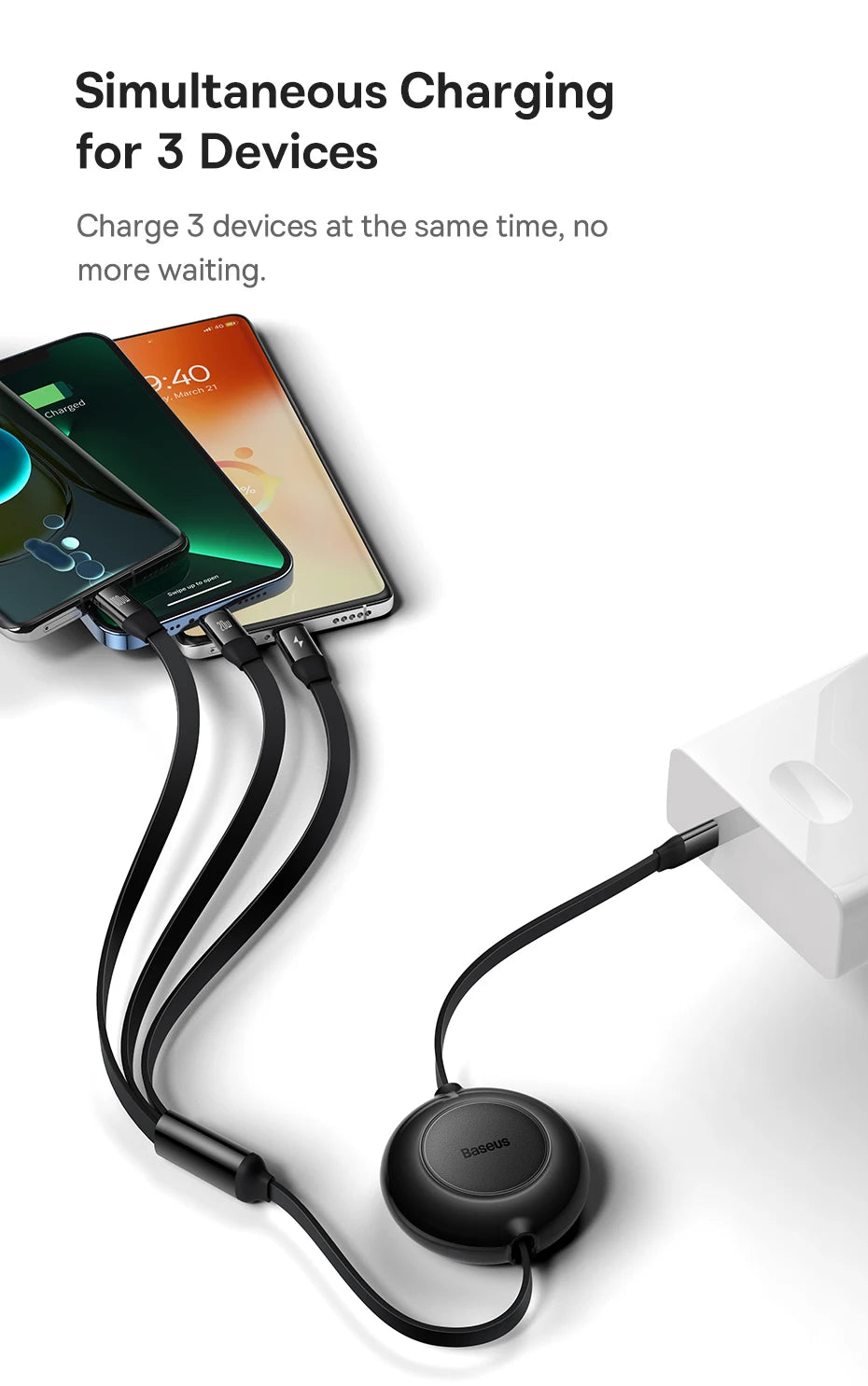 Vysúvací 100W 3v1 USB-C nabíjací kábel pre notebook a telefón