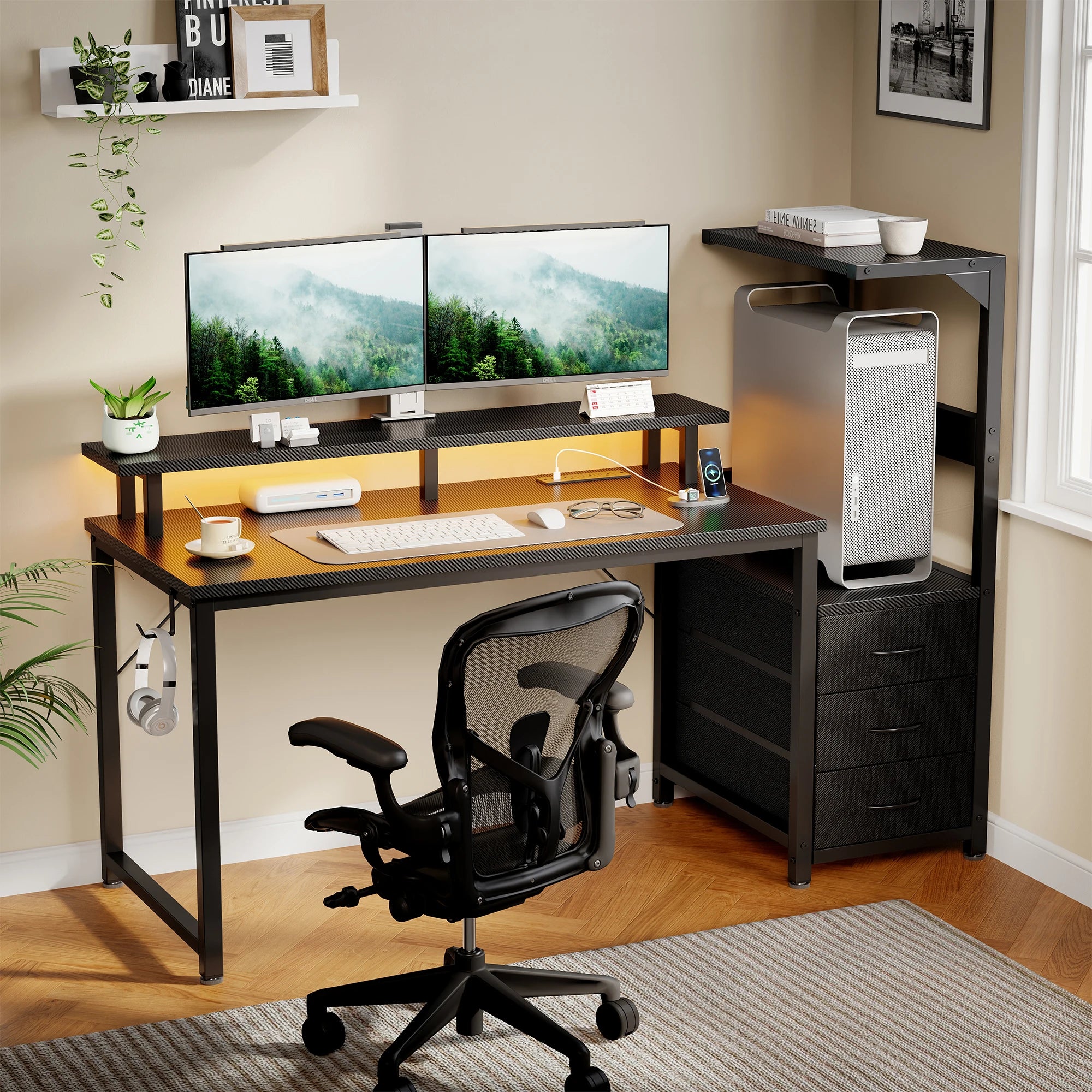 Reversible Gaming Desk with LED Lights, Power Outlets & Drawers
