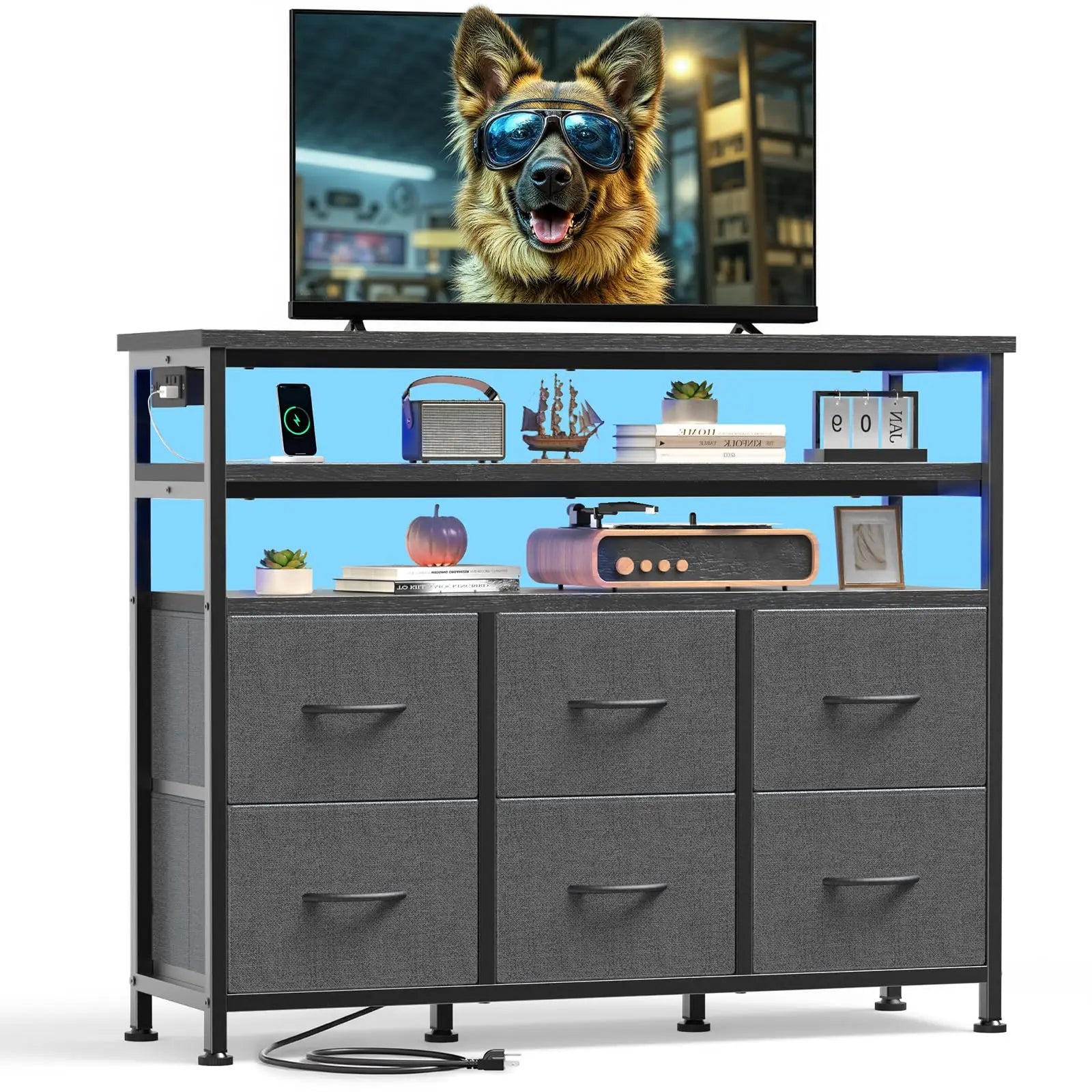 TV Stand with 6 Drawers, Charging Station & LED Lights for up to 45" TVs