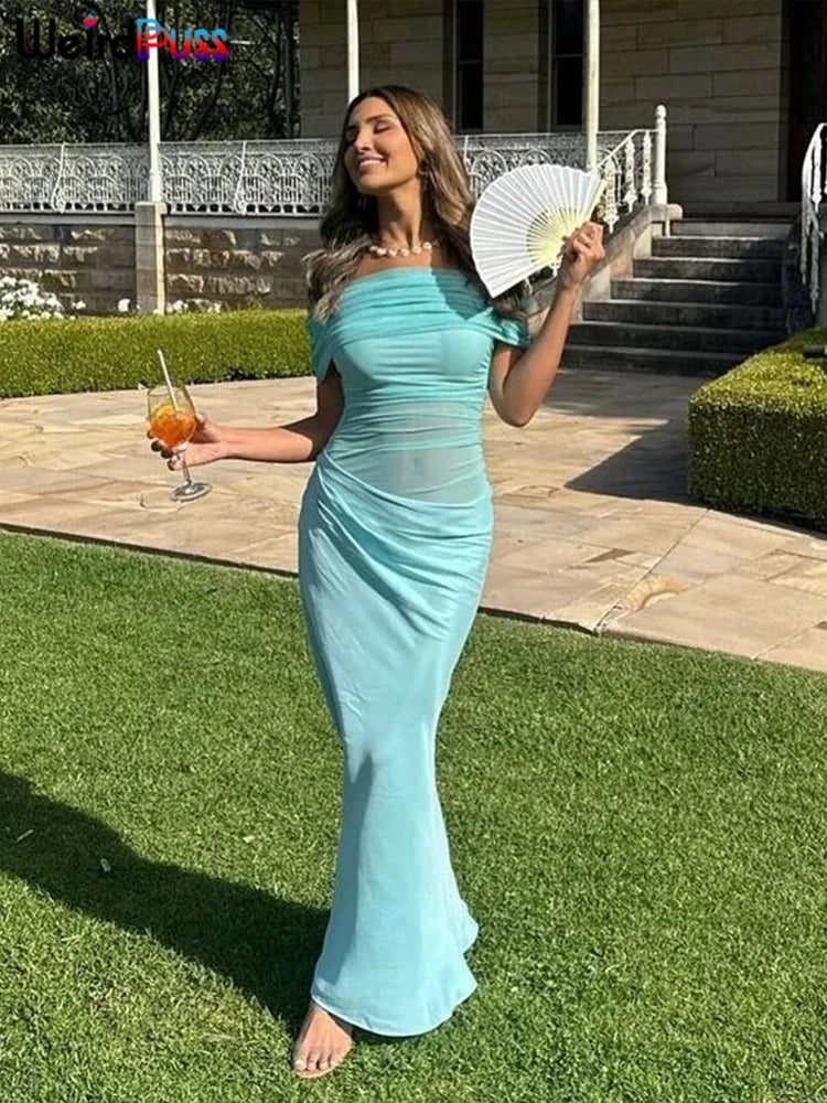 Weird Puss Ruched Irregular Dress Women Mesh Patchwork Slash Neck Short Sleeve Skinny Stretch Trend Elegant Long Bodycon Outfits