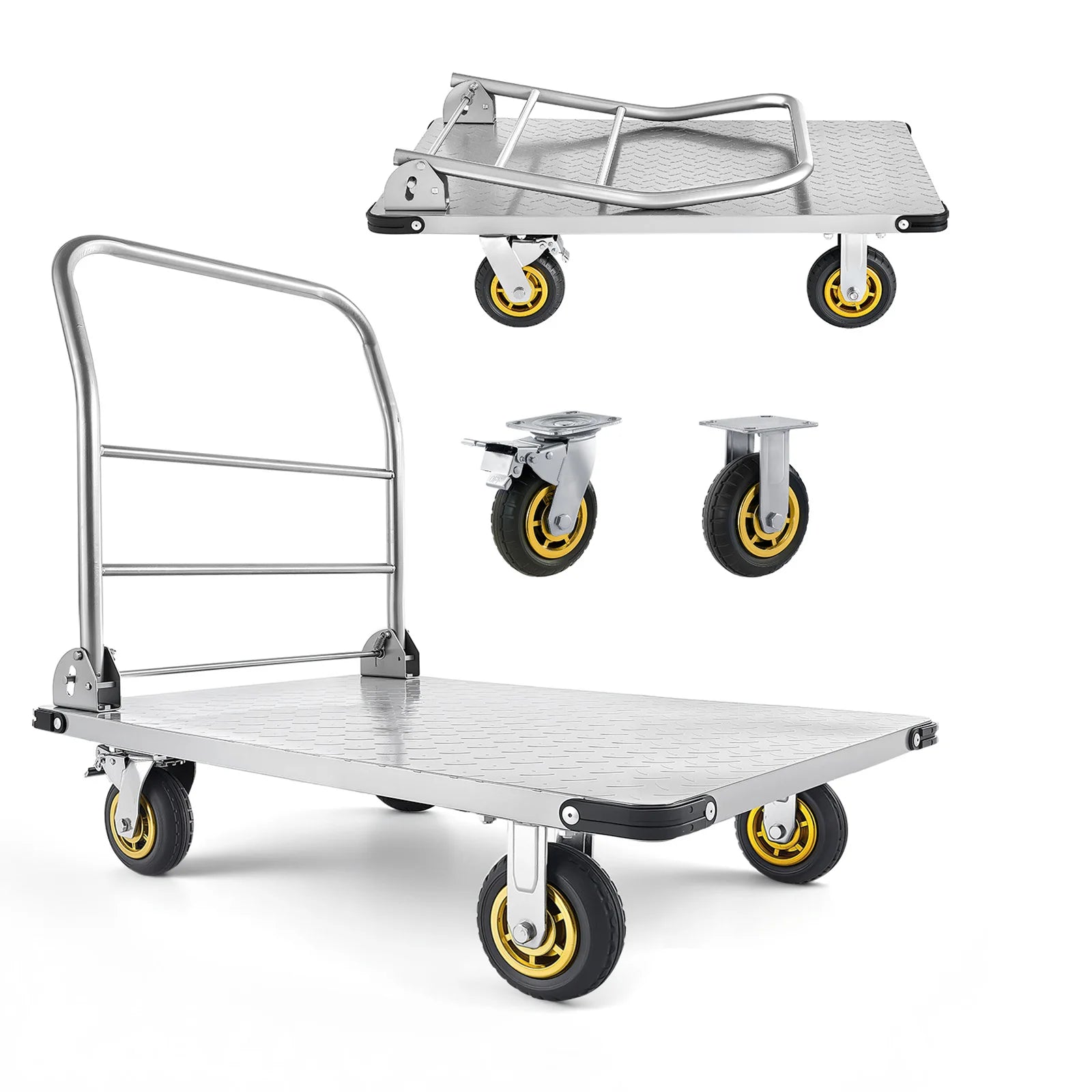 SucceBuy 2000 lbs Platform Truck Steel Flatbed Cart with Swivel Wheels & Handle Foldable Hand Push Dolly for Garage Warehouse