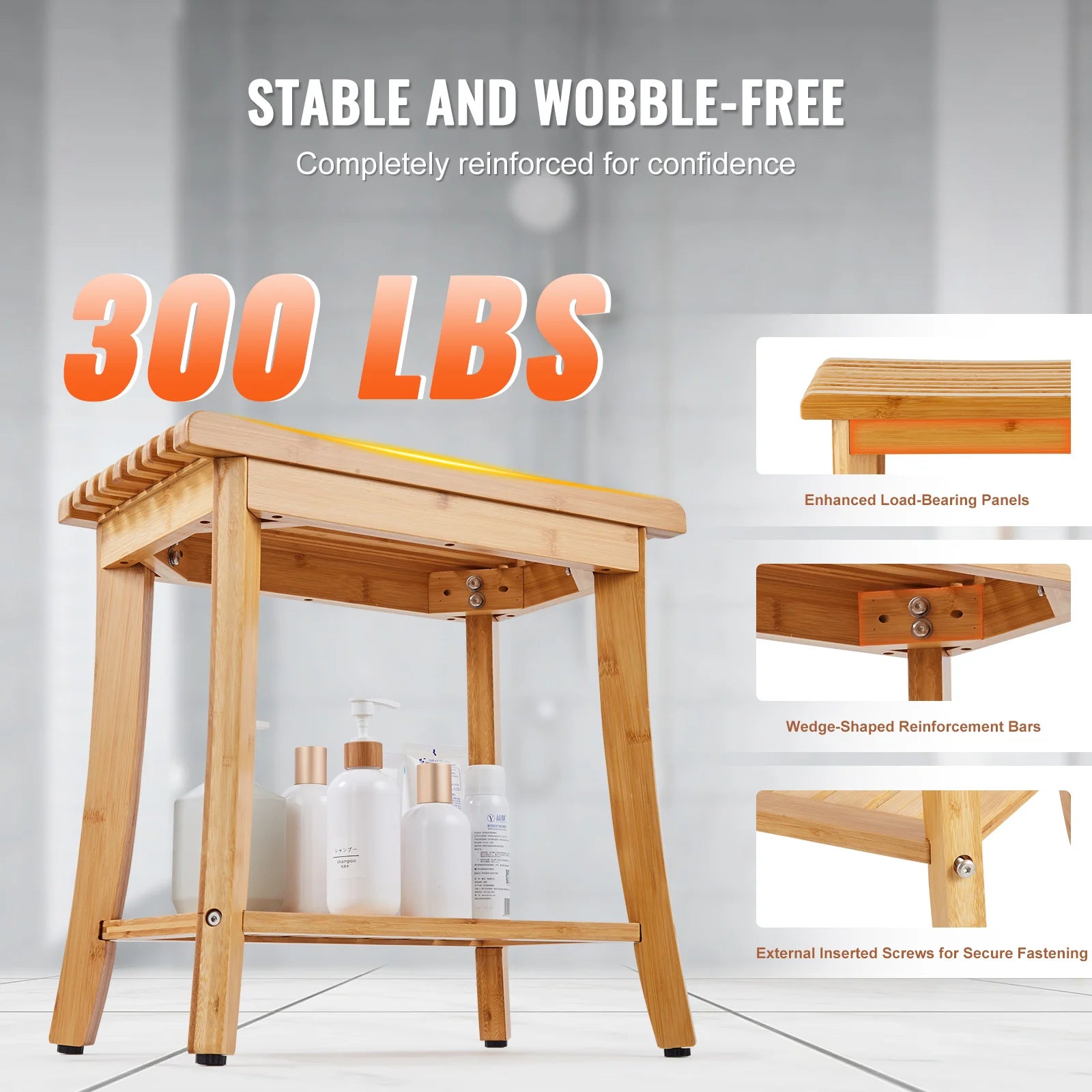 Bamboo Shower Bench with Storage Shelf 330lb Capacity Stool