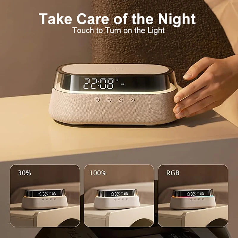 6-in-1 Smart Alarm Clock - 15W Wireless Charger, Bluetooth Speaker, FM Radio, Dual Alarm, USB Charger & RGB Night Light