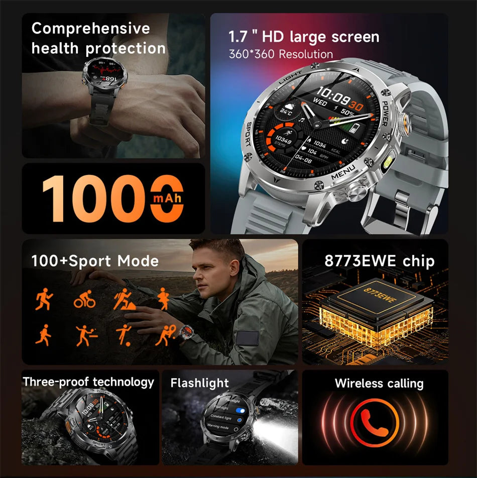 Bluetooth обаден спортен смарт часовник с LED фенер