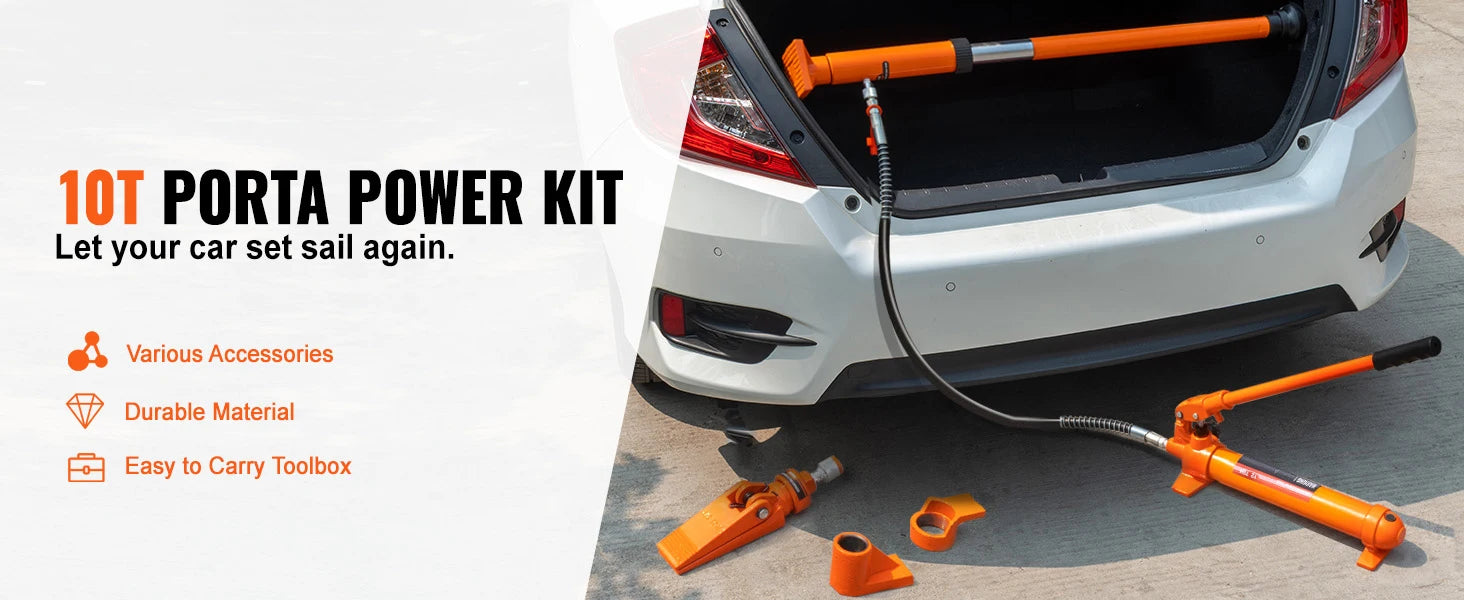 SucceBuy 10/12T Porta Power Kit Portable Hydraulic Jack with 4.6 ft/1.4 m Oil Hose Auto Body Frame Repair Kit with Storage Case