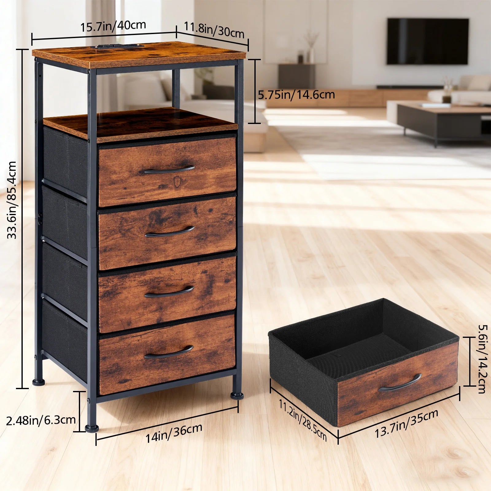 Meuble d'angle avec tiroirs, ports USB, prises électriques et éclairage LED