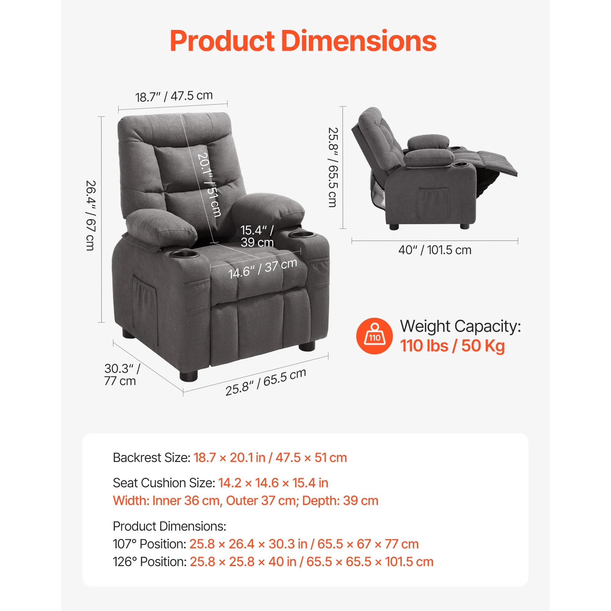 SucceBuy Kids Reclining Chair Toddler Recliner with Cup Holders and Pockets 107° to 126° Adjustable Backrest for Boys & Girls