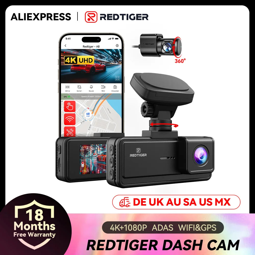 REDTIGER A8 4K+1080P Dash Cam with GPS, WiFi, Touch Screen