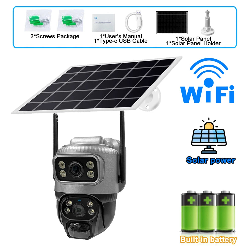 8MP 4K Solar Camera 4G Wifi Outdoor Dual Lens PIR Human Detection Night Vision Waterproof Security Solar Battery CCTV Monitor