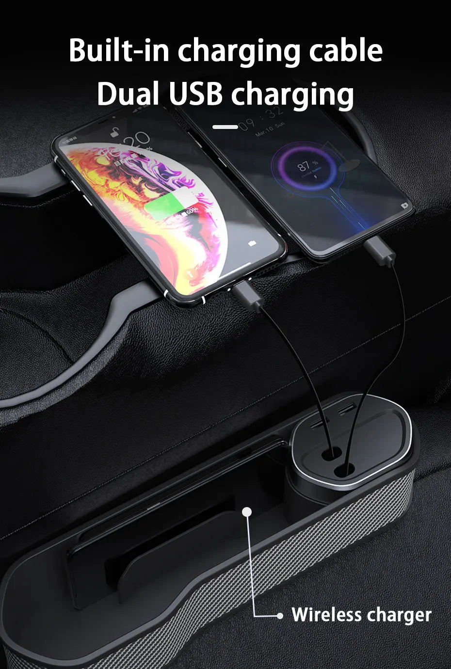 Car Seat Gap Organizer with Wireless Charging and Storage Box