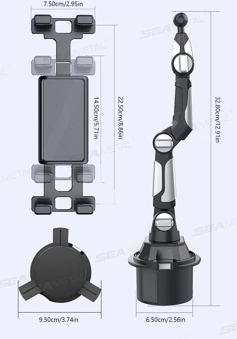 SEAMETAL Car Phone Mount on Cup Holder 6.5-9.5CM Adjustable Base Tablet/Phone Holder 360-Degree Flexible Rotation Phone Stand