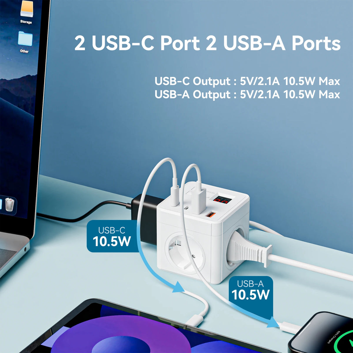 Разклонител за настолен компютър с USB-A и USB-C за ЕС