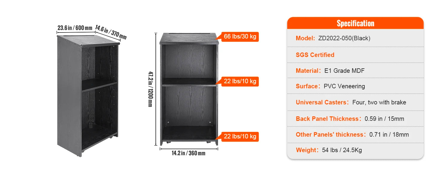 47" Rolling Podium Stand with Shelves and Tilted Desktop