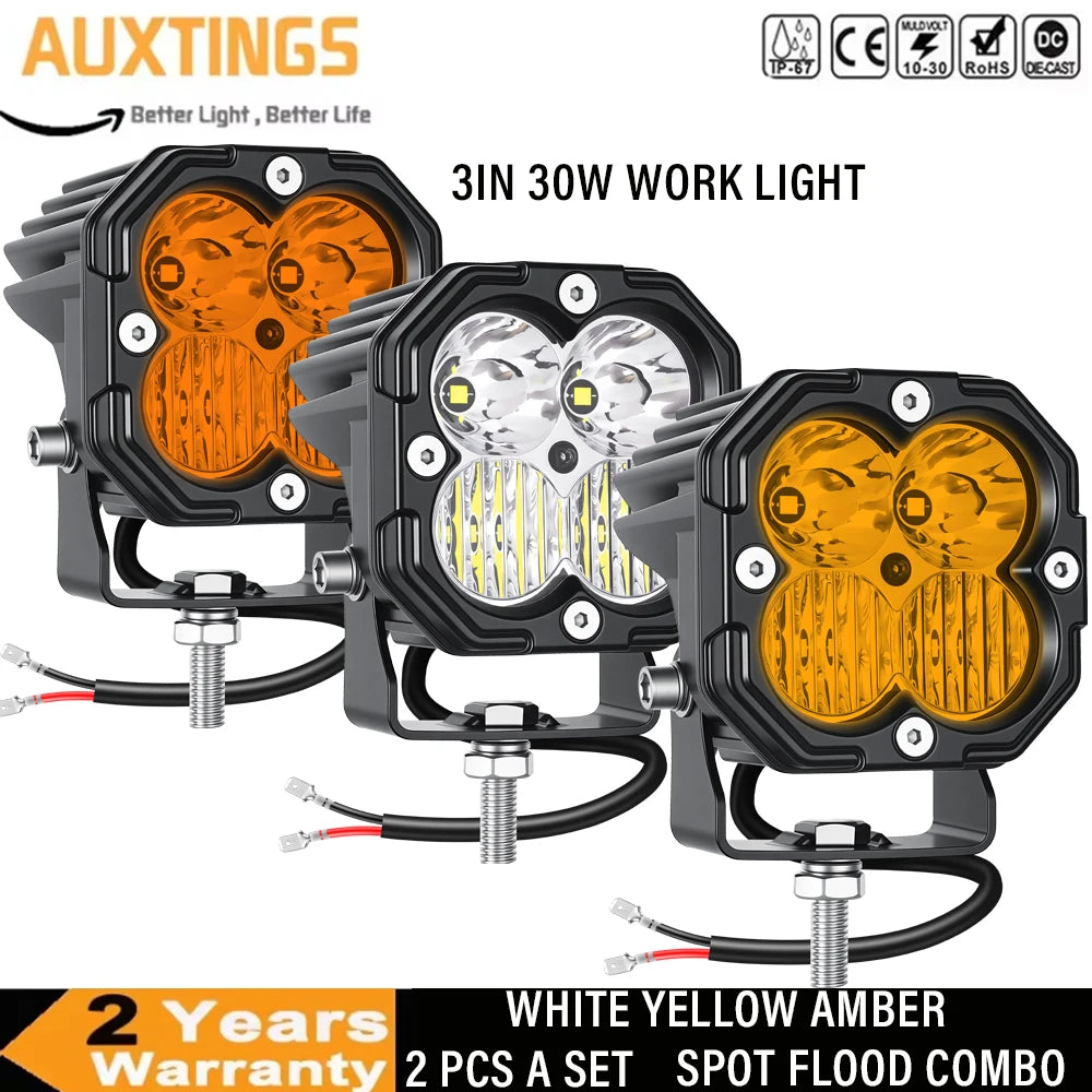 3 inch 30W Amber Yellow White Cube LED Pod Light Spot Flood Combo Beam Work Lights,Off-Road Driving Lamp for ATV, SUV,Motorcycle