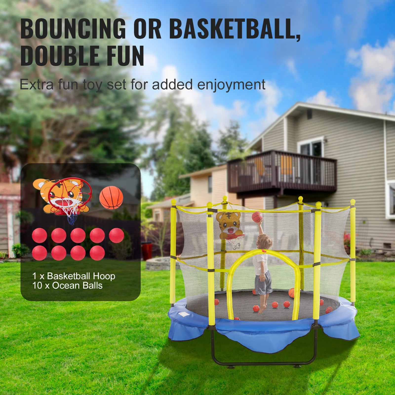 Trampolino per bambini 5FT con rete di sicurezza, cerchio e palline per interno ed esterno