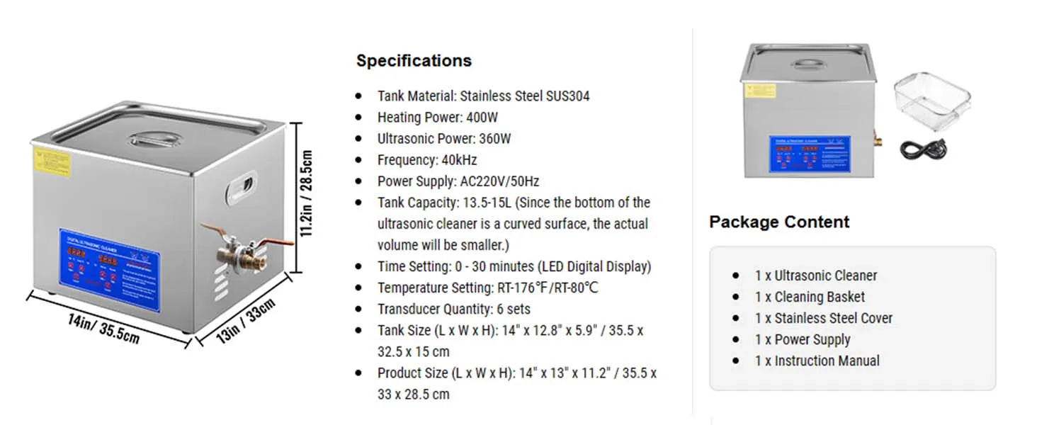 Ultralydsrens med varme og timer til smykker og briller (2L–30L)