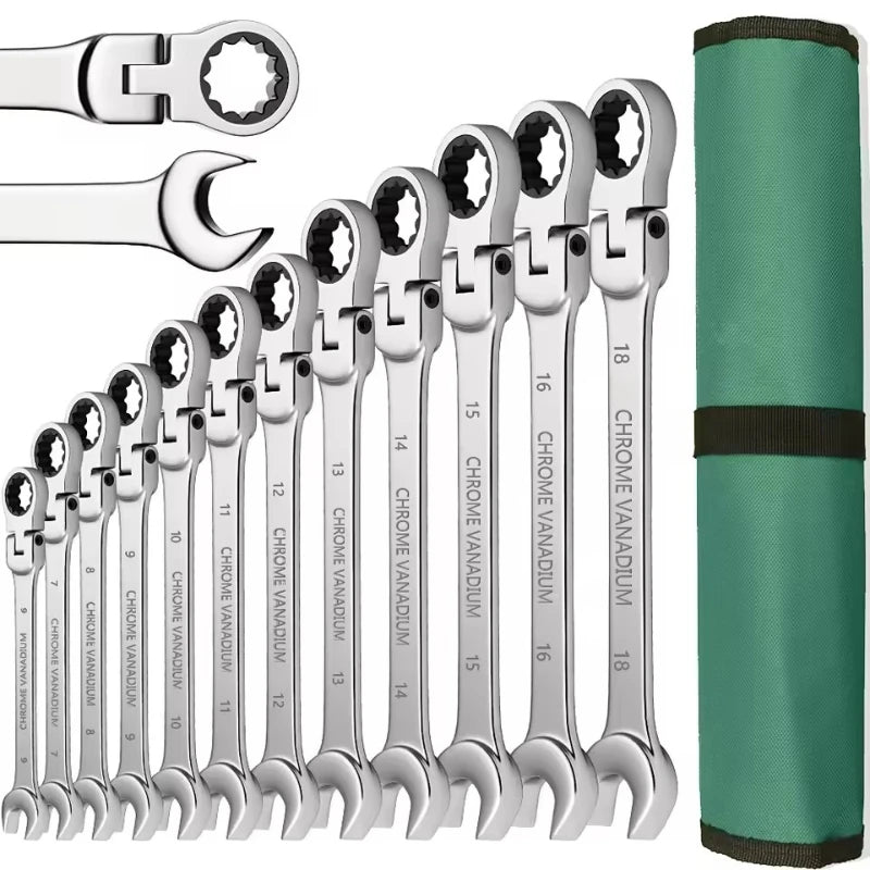 Set di chiavi combinate a cricchetto 6-32mm, kit di chiavi combinate a cricchetto con anello dentato metriche con testa flessibile e borsa in tela, set di utensili