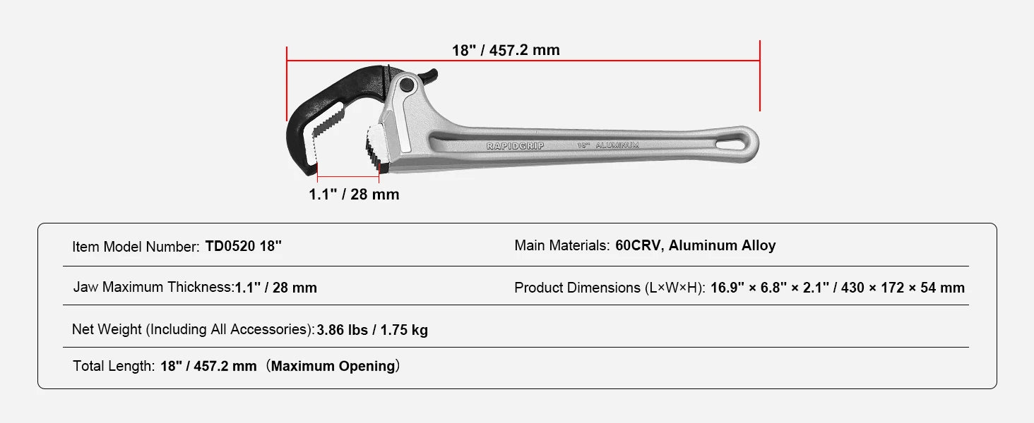 18" aluminiumsrørtang med automatisk kæbejustering
