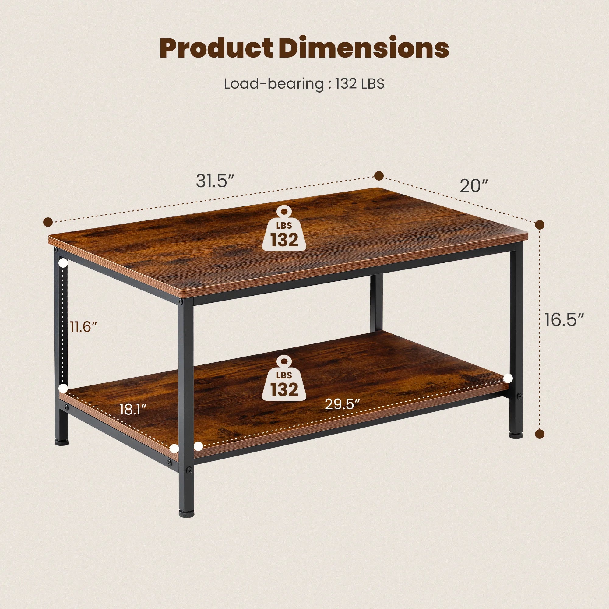 31" Wood Coffee Table with 2-Tier Storage Shelf for Living Room
