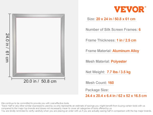 20x24 Inch Aluminum Screen Printing Frame with 305 Mesh Nylon